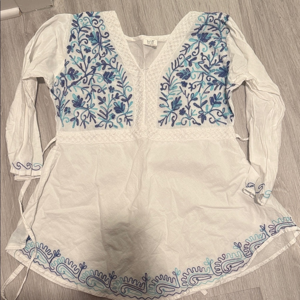 Embroidered White and Blue Women's Top